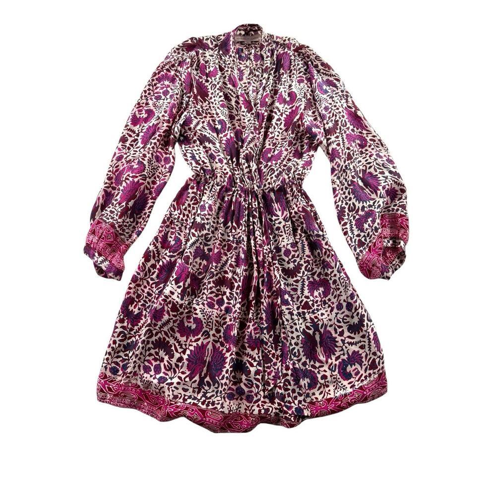 Natalie Martin Nico Mini Wrap Dress Small Pink Floral Silk Long Sleeve Boho Chic
